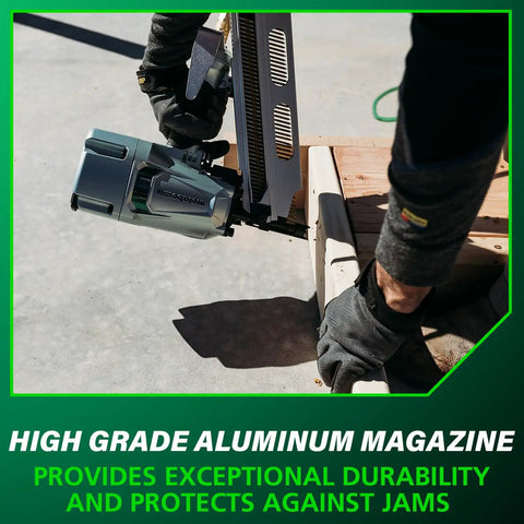 Framing Nailer With High Grade Aluminum Magazine For Tough As Nails Performance Jam Free Pneumatic Tool Accepts Two Inch To Three And A Quarter Inch Collated Nails Twenty One Degree Includes Rafter Hook NR83A5S1 in use on a construction project