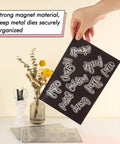 Hand holding Six Pack 0.8mm Thick Double Sided Rubber Magnetic Sheet with metal dies for scrapbooking and craft storage.