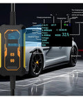 Premium Portable EV Charger 22KW 32A Three Phase Type 2 EVSE With WiFi APP Control displayed on a sleek electric car.