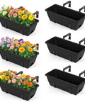 Six Pack Deck Railing Planter Boxes With Adjustable Brackets In Black For Flowers Herbs And Strawberries, shown with colorful flowers