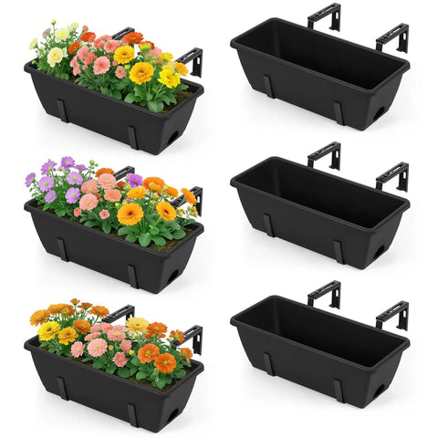 Six Pack Deck Railing Planter Boxes With Adjustable Brackets In Black For Flowers Herbs And Strawberries, shown with colorful flowers