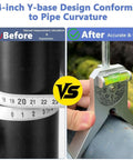 Pipe center finder tool with 4-inch Y-base and bubble protractor installed on a pipe.