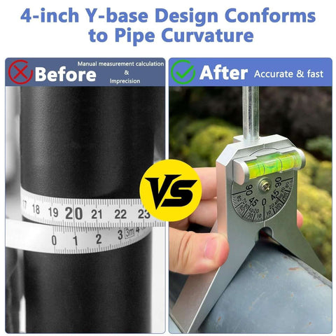 Pipe center finder tool with 4-inch Y-base and bubble protractor installed on a pipe.