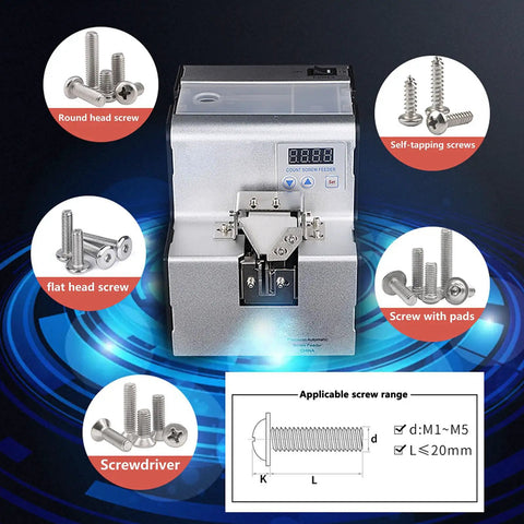 Automatic Screw Feeder Machine With Adjustable Orbital Head For M1.0 Through M5.0 Screws Digital Counter with screws types shown.