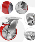 Set Of Four Heavy Duty Industrial Swivel Caster Wheels With Locking Brakes 4000 Lb Capacity featuring 5 inch polyurethane tire and locking mechanism.
