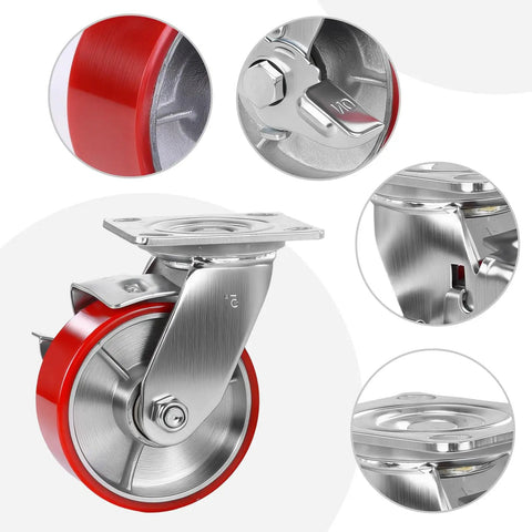 Set Of Four Heavy Duty Industrial Swivel Caster Wheels With Locking Brakes 4000 Lb Capacity featuring 5 inch polyurethane tire and locking mechanism.