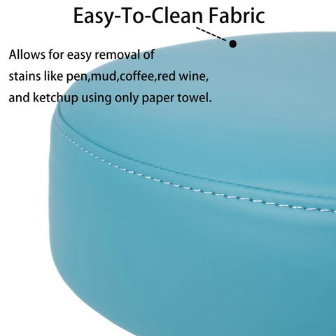 Easy-to-clean fabric on blue adjustable rolling stool, ideal for easy stain removal in workshop or clinic use.