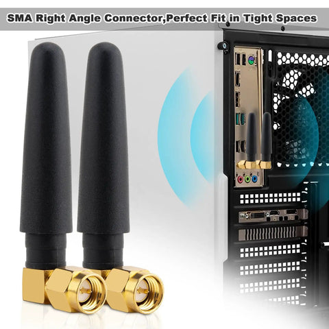 433MHz Omnidirectional SMA Male 3dBi Thumb Antenna for Ham Radio and LoRa IoT Smart Home Sensors, two-pack, black, next to computer case