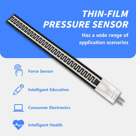 Flexible Thin Film Force Sensitive Resistor Sensor For Smart Home Gadgets, 3.9 By 0.4 Inch ZD10100 Ultra Slim Pressure Sensor, Operating Range Negative Twenty To Sixty Celsius, 0 To 500 G Sensing, DC 3.3V Output, black strip on white leads