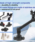 Universal trolling motor stabilizer bracket with adjustable black arm and quick-release clamps for Versatrack/Lund/Ranger/Lowe boat track systems