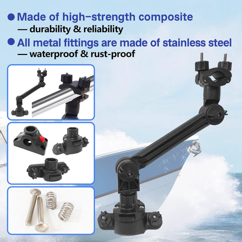 Universal trolling motor stabilizer bracket with adjustable black arm and quick-release clamps for Versatrack/Lund/Ranger/Lowe boat track systems