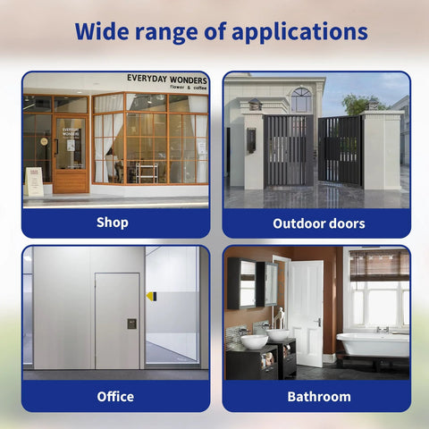 Various applications of 316 Stainless Steel Marine-Grade Door Hinges 4.5x4.5 Inches, in shop, outdoor doors, office, bathroom settings.