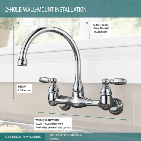 Two-Handle Wall Mount Kitchen Sink Faucet In Chrome With High Arc Spout Easy Install For 2-Hole 7 To 9 Inch Center Hole Spacing Durable Chrome Finish Fits 2-Hole Config Lifetime Limited Warranty Modern Kitchen Upgrade