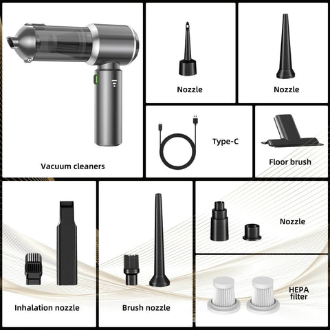 Powerful Cordless Handheld Vacuum With 28000Pa Brushless Motor, 3-Speed Suction, accessories, and nozzles displayed