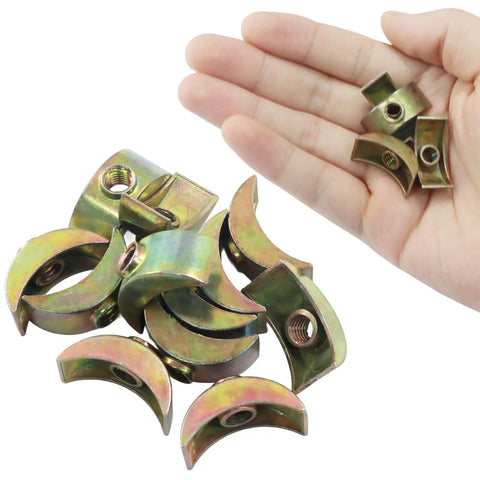 M6 Half Moon Nuts 12 Pack shown in hand, 5mm hole diameter, alloy steel fasteners for woodworking projects.