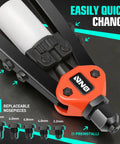 DNA Motors Heavy Duty Rivet Gun With Collection Bottle Tool Set, showing quick-change feature and replaceable nosepieces.