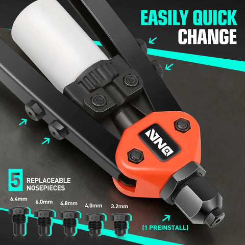 DNA Motors Heavy Duty Rivet Gun With Collection Bottle Tool Set, showing quick-change feature and replaceable nosepieces.