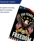 250 Year Anniversary USA Garden Flag For Outdoors With Eagle Design Double Sided 12x18 Inch Patriotic Backyard Flag 1776 2026 Fourth Of July Waterproof Flag, featured in black with an eagle holding American flags and gold stars, emphasizing premium fabric qualities: all-weather, machine washable, fade resistant.