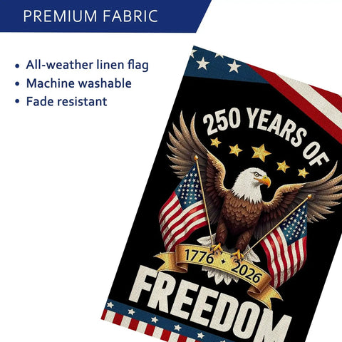 250 Year Anniversary USA Garden Flag For Outdoors With Eagle Design Double Sided 12x18 Inch Patriotic Backyard Flag 1776 2026 Fourth Of July Waterproof Flag, featured in black with an eagle holding American flags and gold stars, emphasizing premium fabric qualities: all-weather, machine washable, fade resistant.