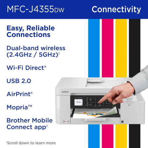 INKvestment 4355 Wireless Color Inkjet All In One Printer with 1.8 Inch Color Display shown with connectivity features