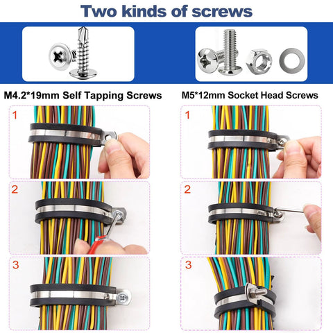Taiss 222PCS stainless steel cable clamps kit with rubber cushions, 10 sizes, two screw types securing a wire bundle