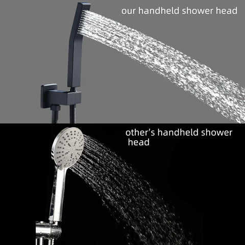 Comparison of Black 10 Inch Rain Shower System With Wall Mounted Mixer, Luxury Spa Grade Set, Premium Pressure Balance Valve, All Brass Faucets, Air Energy Tech Delivers Powerful Rain Even Under Low Water Pressure, Complete Shower Valve Kit shower heads, showing water flow from each.