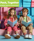 Two children wearing 12 Pack Kids Noise Cancelling Headphones For Ear Protection, reading books in a colorful setting.