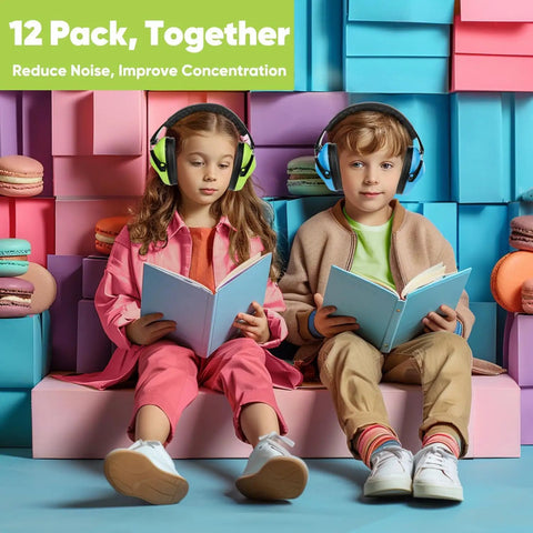Two children wearing 12 Pack Kids Noise Cancelling Headphones For Ear Protection, reading books in a colorful setting.