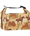 Desert Cowboy Lunch Bag With Insulation Rides A Horse Across The Sand Lunch Tote displaying cowboy and horse on sandy desert design.