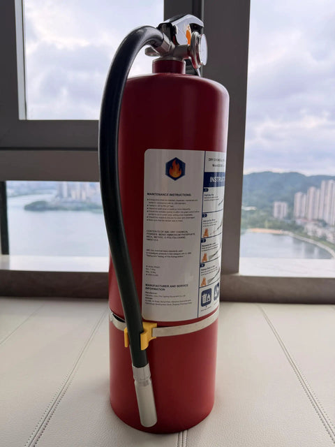 Multi Purpose ABC Dry Chemical Fire Extinguisher 2 Pack 10 Pounds shown with quick release handle and knockout valve.