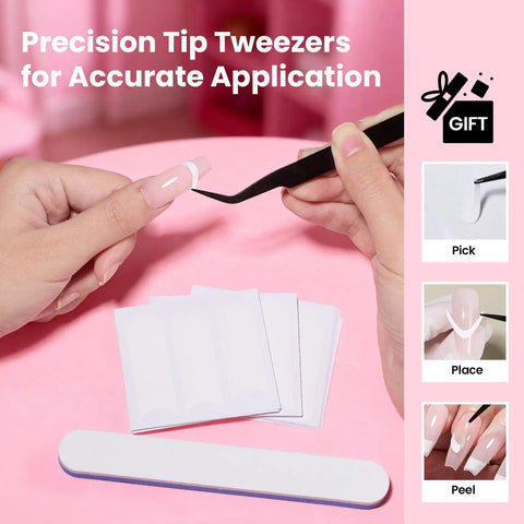 French Manicure Nail Art Stickers 30 Sheets With 3 Design Options Self Adhesive Nail Tips Guides For DIY Mani Decoration Easy Peel French Tip Kit For Home Spa And Nail Techs shown with tweezer and file