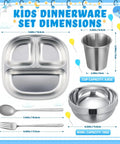 Heavy Hitter 15 Piece Stainless Steel Kids Dinnerware Set With Three Compartment Plates And Spill Proof Cups Bowls Plus Fork Spoon Combo For Toddlers Seeking Zero Stress Mealtimes And Sick Durability dimensions chart