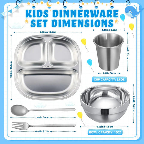 Heavy Hitter 15 Piece Stainless Steel Kids Dinnerware Set With Three Compartment Plates And Spill Proof Cups Bowls Plus Fork Spoon Combo For Toddlers Seeking Zero Stress Mealtimes And Sick Durability dimensions chart