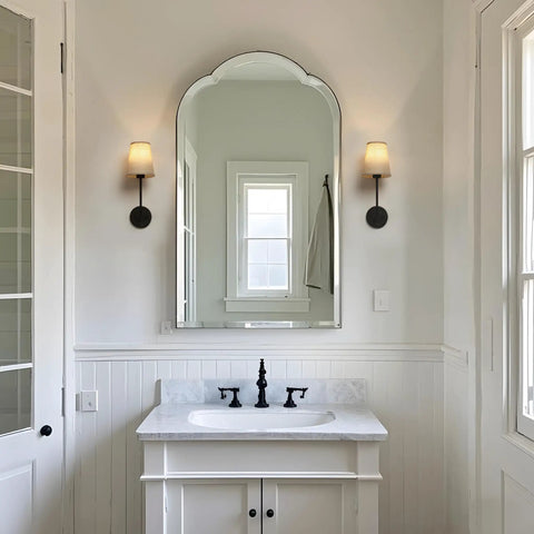 Bathroom with Rustic Vintage Wall Sconce Set Of 2 With Flared Funnel Linen Shade Matte Black Bedside Lamps E26 Compatible and Dimmable.