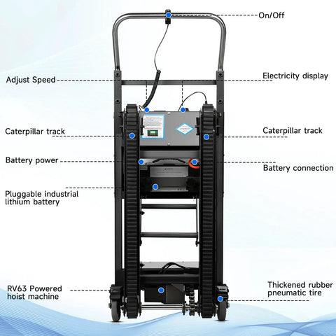 Electric Stair Climbing Dolly 1250W Motorized Hand Truck With Telescopic Handle Beast Mode Heavy Duty Cart Up To 900 Lb Load 3 Mode Power Assist Aluminum Frame With Non Slip Tires For Moving Heavy Gear Up Stairs Black Track, front view
