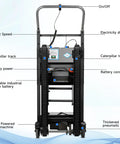 Knockout Electric Stair Climbing Dolly With 900 Lb Capacity And Powerhouse Motor showing features like battery connection and adjust speed.
