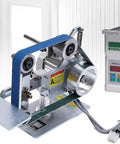 Badass 30 Inch Bench Belt Sander With Variable Speed And Bulletproof Steel Frame for woodworking, featuring blue sanding belt and control panel.