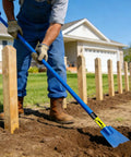 Man using Two In One Beefy Post Hole Digging And Tamping Tool With Forty Eight Inch Dig Bar Spade Blade On One End And Round Tamper On The Other Heavy Duty Welded Steel For Fence Posts Landscaping And Gardening in yard