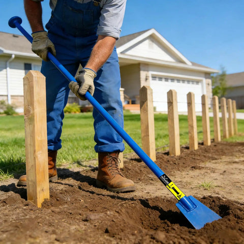 Man using Two In One Beefy Post Hole Digging And Tamping Tool With Forty Eight Inch Dig Bar Spade Blade On One End And Round Tamper On The Other Heavy Duty Welded Steel For Fence Posts Landscaping And Gardening in yard