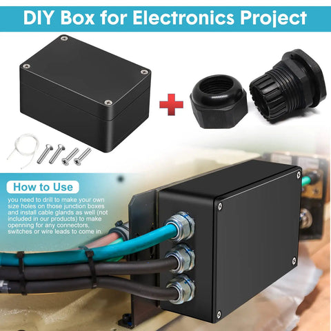 8 Pieces Waterproof Plastic Junction Boxes For Outdoor Electrical Projects Durable Outdoor Enclosure Boxes 3.94 x 2.68 x 1.97 Inches Black Includes Rubber Washers And Screws For Quick No Fuss Setup, black enclosure with cable glands and wires