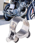 Beefy Stainless Steel Exhaust Band Clamp For Motorcycle And Car Replacement Easy Install Water Hose Clamp Corrosion Resistant Fits 48 To 51 Mm Exhaust Systems Universal Heavy Duty Clamp For Quick Secure Fit. Close-up of clamp with motorcycle in background.