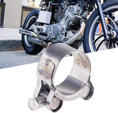 Beefy Stainless Steel Exhaust Band Clamp For Motorcycle And Car Replacement Easy Install Water Hose Clamp Corrosion Resistant Fits 48 To 51 Mm Exhaust Systems Universal Heavy Duty Clamp For Quick Secure Fit. Close-up of clamp with motorcycle in background.