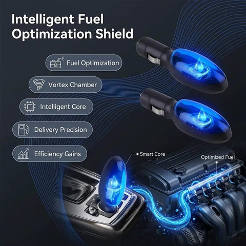 Fuel Sync Gas Saver Device 2026 2 Pack Plug In Auto Fuel Saver showing intelligent fuel optimization shield and features.