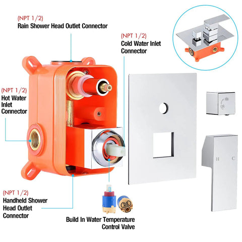 All-In-One Bathroom Rain Shower System components, including connectors and control valve, for high pressure water flow installation.