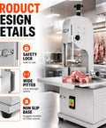 Beastly 2500W Meat Saw With 8 Stainless Steel Blades in a kitchen showing safety lock, wide pitter, and non-slip base features.
