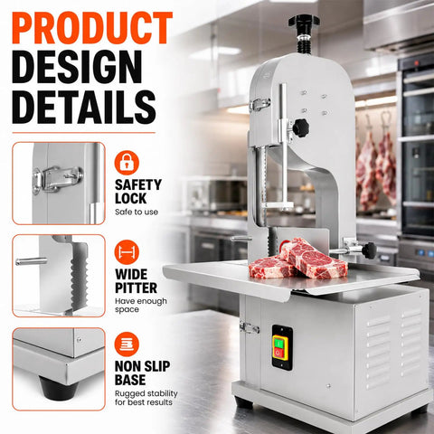 Beastly 2500W Meat Saw With 8 Stainless Steel Blades in a kitchen showing safety lock, wide pitter, and non-slip base features.