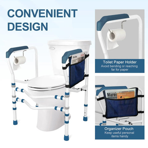 Adjustable Toilet Safety Frame And Rail With Handles And Storage Pocket, featuring tissue holder and organizer, Blue bathroom aid.