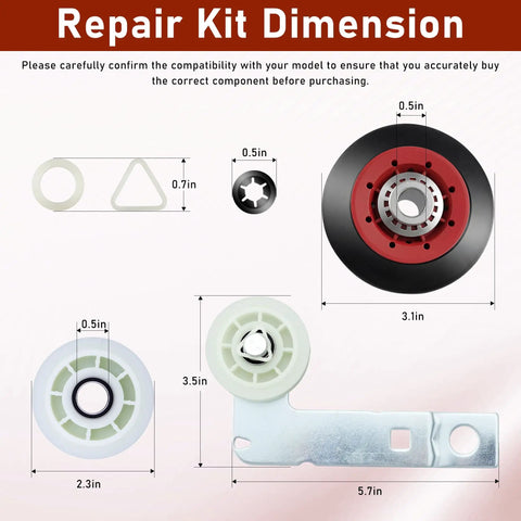 Beefed Up Five Wheel Dryer Repair Kit 4392067 With WPW10314173 Drum Roller Belt And Idler Pulley parts dimensions guide