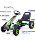 Kids Off Road Pedal Go Kart With Adjustable Seat Dual Safety Brakes EVA Rubber Tires Ride On Outdoor Racer, green