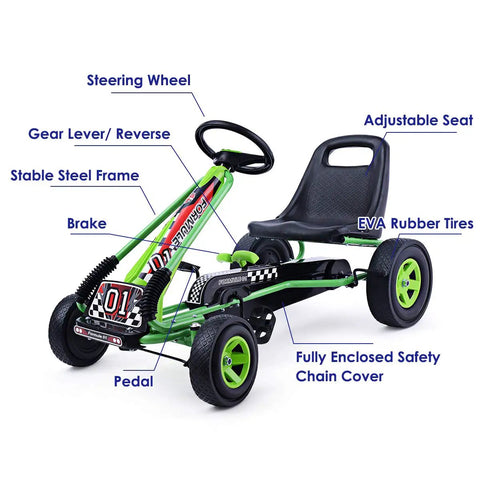 Kids Off Road Pedal Go Kart With Adjustable Seat Dual Safety Brakes EVA Rubber Tires Ride On Outdoor Racer, green